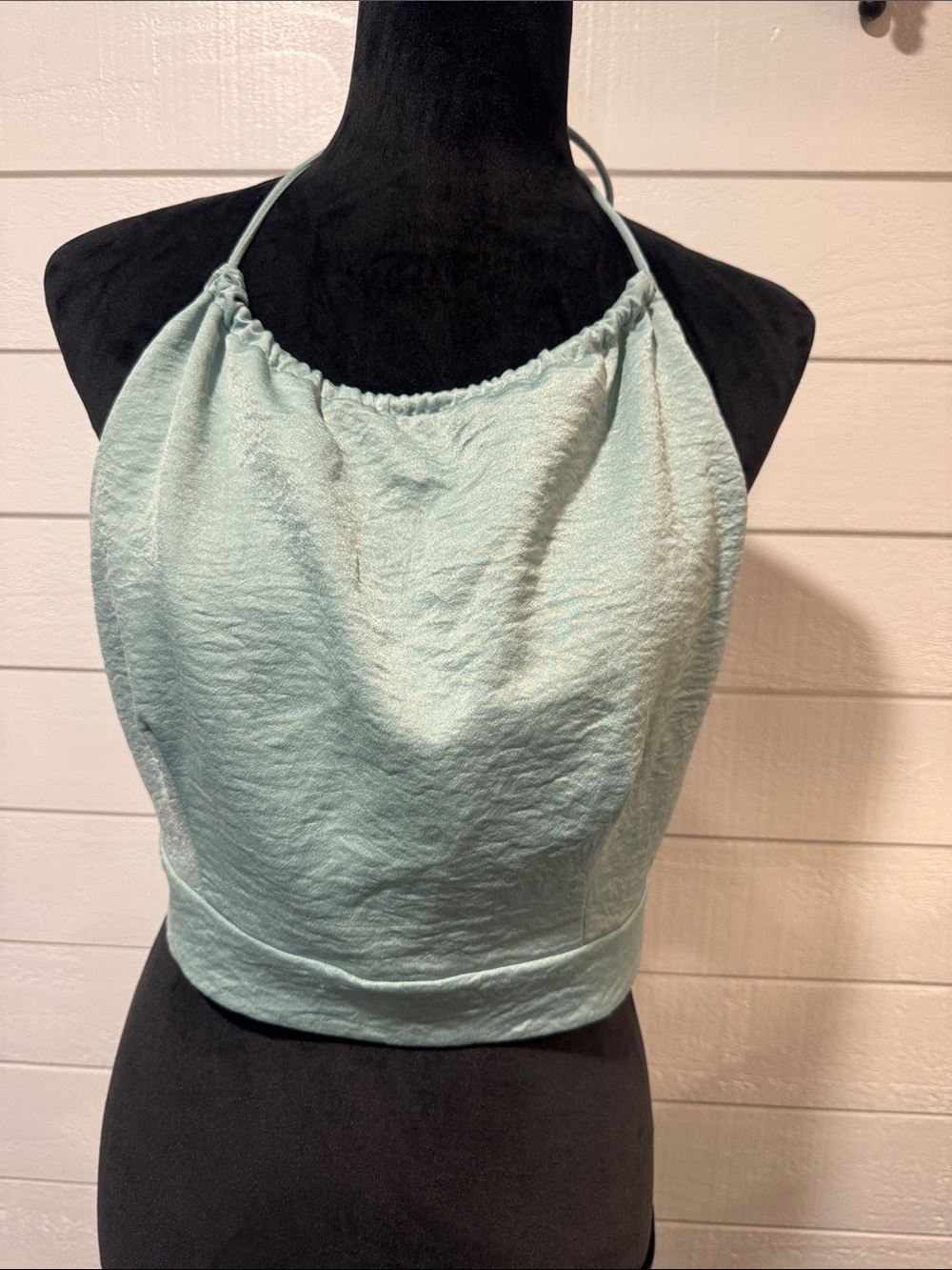 OLIA Light Aqua Halter Crop Top w neck and back tie closures- LARGE